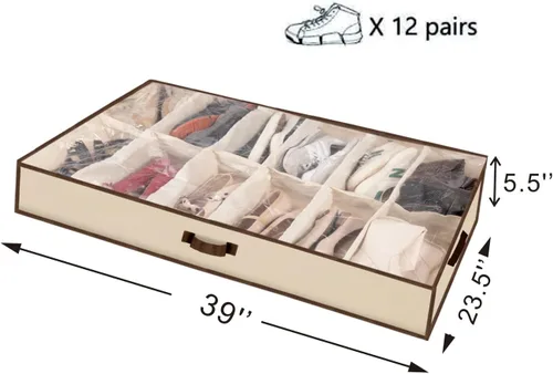 Vista 3 de Hombres/Adultos 12 Celdas Ver a través de la Cama Organizador de Bolsa de Almacenamiento de Zapatos con flor blanca y negra (beige)