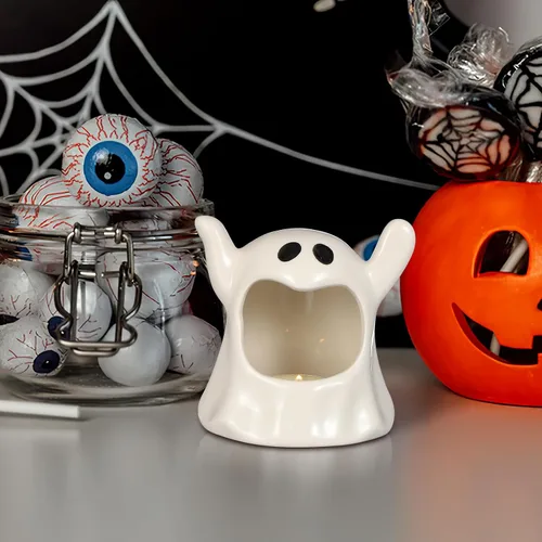 Vista 2 de DECHOUS Portavelas fantasma de Halloween: lindo candelabro votivo de cerámica fantasma, decoración de mesa, portavelas de Halloween para el hogar