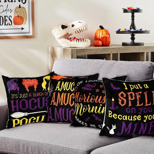 Vista 2 de 4 fundas de almohada de Halloween de Hocus Pocus, 18 x 18: Sanderson Sisters para decoración del hogar, fundas de cojín decorativas para sofá