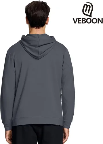 Vista 3 de VEBOON Sudadera básica con capucha y cremallera para hombre, para otoño, lisa, suave, de manga larga, para correr, con bolsillo