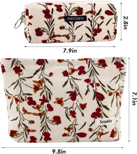 Vista 4 de Juego de 2 bolsas de maquillaje de flores con diseño floral para viajes para mujeres y niñas, bolsa de maquillaje grande con cremallera pequeña