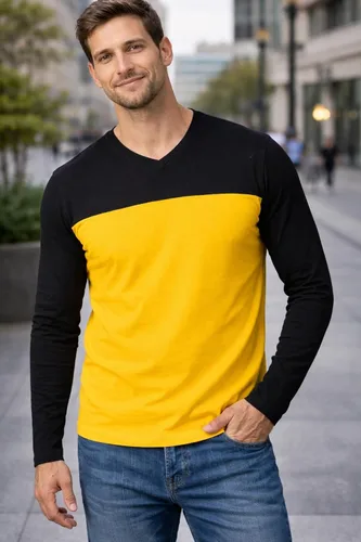 Vista 2 de Decrum Camiseta de manga larga para hombre, suave, cómoda, con mangas completas, dos tonos, cuello en V para hombre