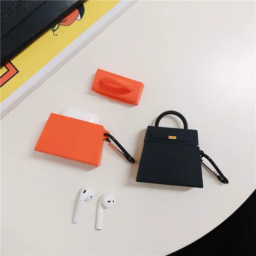 Vista 7 de Compatible con auriculares Airpods 1 y 2, diseño de bolsa de mano de moda, protector de auriculares inalámbricos, silicona suave, accesorios a Negro