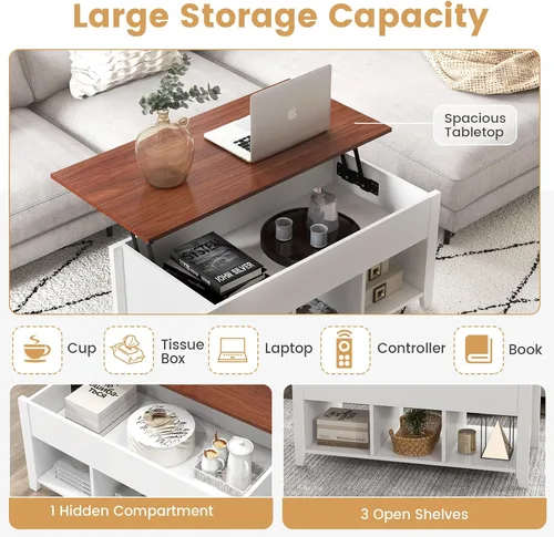 Vista 4 de Mesa auxiliar elevable, mesa de té moderna 2 en 1 con compartimento de almacenamiento oculto y 3 estantes de almacenamiento abiertos, mesa central