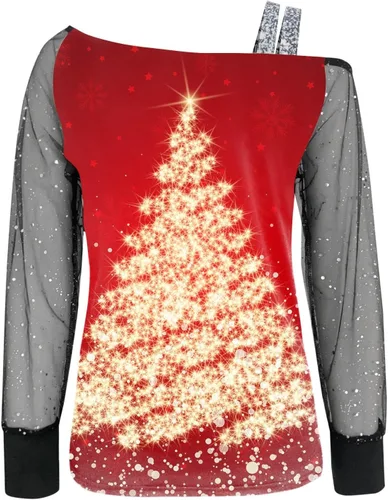 Vista 2 de TXIAOLLY Blusa de manga larga con cuello vuelto para mujer, blusa casual con hombros descubiertos para árbol de Navidad