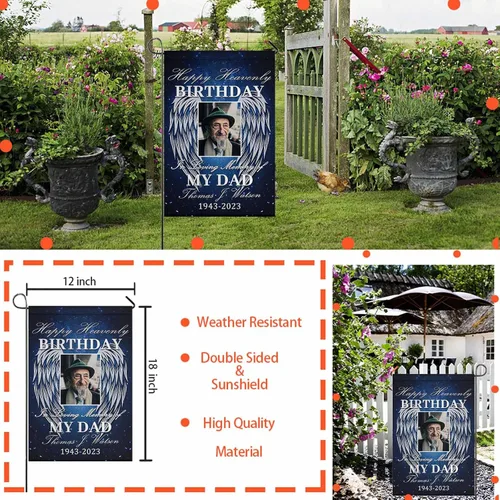 Vista 4 de Bandera conmemorativa personalizada para jardín con nombre de foto, fecha para patio al aire libre, decoración de cementerio para tumba, doble cara
