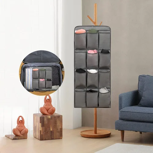 Vista 7 de Organizador de zapatos colgante de doble cara para armario con 24 bolsillos grandes, soporte para zapatos colgante con colgador giratorio (gris)