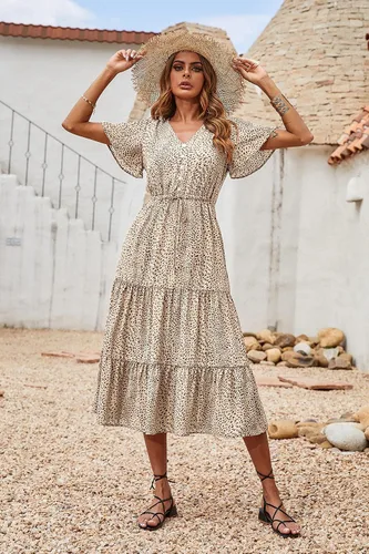 Vista 2 de PRETTYGARDEN Vestido bohemio floral para mujer casual manga corta cuello en V volantes vestido de verano con cinturón