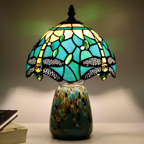 Vista 18 de Lámpara de mesa de hongo Tiffany estilo libélula lámpara de acento de vidrio teñido azul marino base de vidrio marrón azul 8X8X12 pulgadas