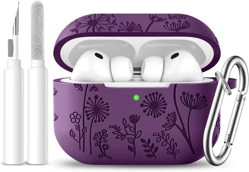 Vista 32 de Lerobo Funda para AirPods 5/4, funda de silicona suave grabada con flores A-Negro