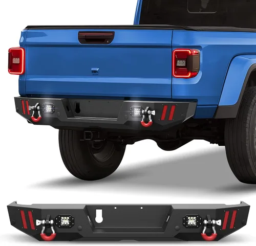 Vista 9 de Parachoques Trasero Gladiator, Parachoques Negro Texturizado con Luces LED y Agujeros para Sensores y Anillos en D, Compatible con Gladiator JT 2020