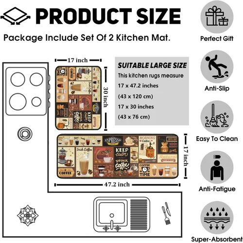 Vista 5 de Alfombras y esteras de cocina con tema de café (2 piezas), alfombra de cocina negra antideslizante lavable, suave, superabsorbente, juego