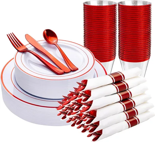 Vista 25 de WELLIFE 210 vajilla de plástico negro con servilletas preenrolladas, incluye: 30 platos llanos, 30 platos de postre, 30 servilletas de papel, 30