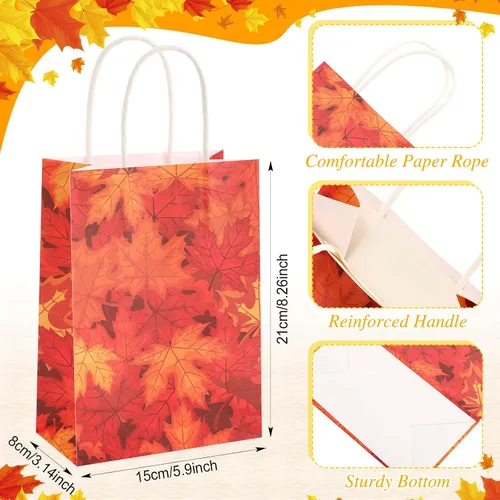 Vista 2 de Tenceur 24 bolsas de regalo de otoño de papel kraft a granel, bolsas de regalo naranja, elementos de hoja de arce, bolsas de dulces con asas