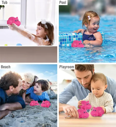 Vista 4 de DolliBu Hippo Bath Buddy Squirter - Juguete flotante de goma hipopótamo rosa, divertido juego de baño para niños pequeños, lindo y suave, juguete