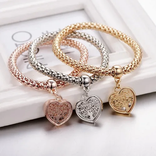 Vista 7 de SILANER Pulseras multicapa con dijes de cristal, 3 unidades, oro y plata, oro rosa, pulsera elástica en forma de corazón para mujer, árbol de la vida
