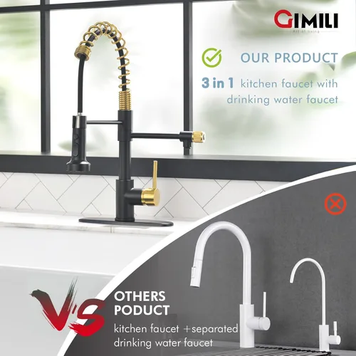 Vista 7 de GIMILI Grifo de agua potable negro y dorado 3 en 1 estilo comercial desplegable con filtro de una sola manija para sistema de filtración de agua