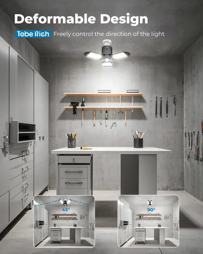 Vista 4 de toberich Luz de garaje con sensor de movimiento, luz de taller con sensor de movimiento de 8000 lm con 3 modos de interruptor, bombilla activada por