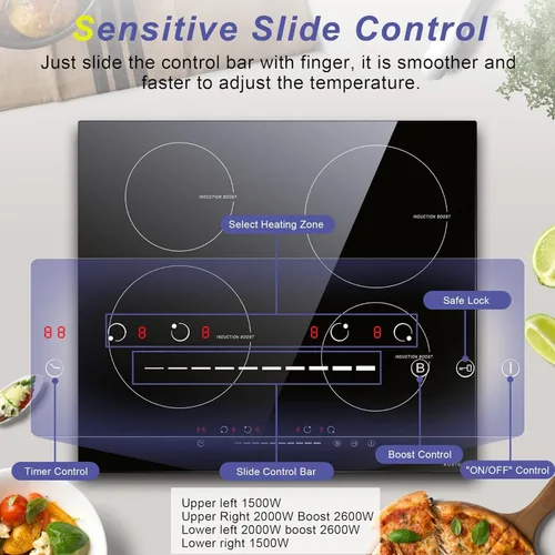 Vista 2 de NOXTON Cocina de inducción de 4 quemadores, estufa de inducción de 24 pulgadas con control táctil deslizante, 9 niveles de potencia, función
