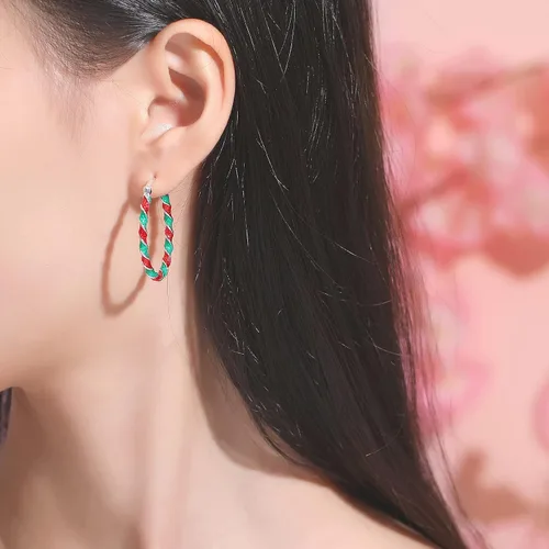 Vista 2 de Aretes de aro esmaltados, aretes de aro ovalados chapados en plata para mujer, joyería de moda