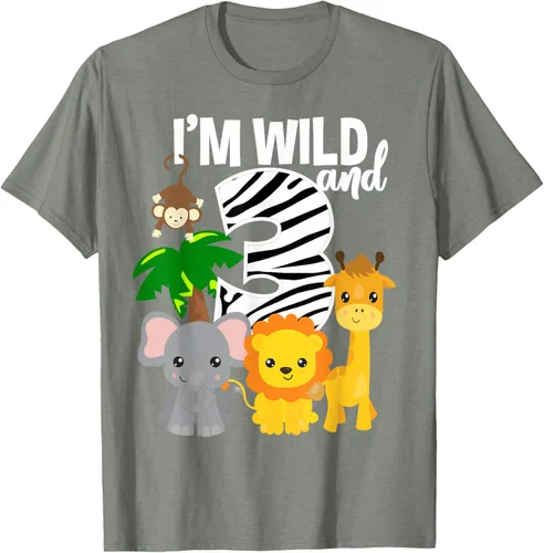 Vista 28 de Camiseta de cumpleaños con temática de zoológico de I'm Wild and 3, Negro, S