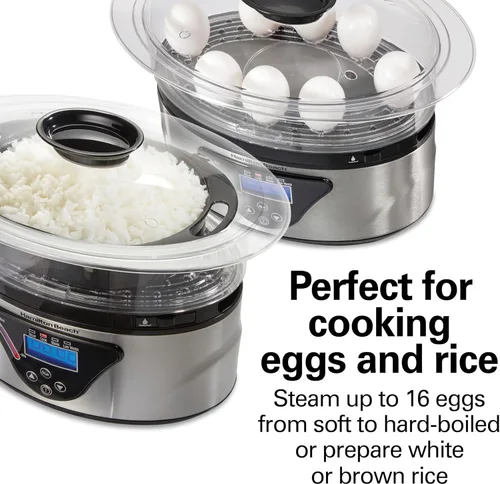 Vista 5 de Hamilton Beach - Vaporizador de alimentos eléctrico digital y arrocera para cocina rápida y saludable de verduras y mariscos, tazones apilables