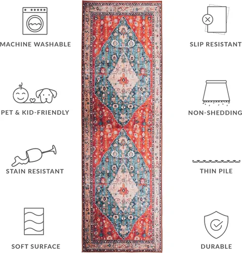 Vista 4 de SAFAVIEH Alfombra lavable Tucson Collection - 2 pies 6 pulgadas x 4 pies, beige y azul, antideslizante y fácil de limpiar, ideal para sala de estar