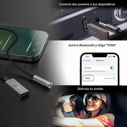 Vista 5 de Adaptador Bluetooth 6.0 a auxiliar para automóvil o amplificador, receptor Micrófono integrado, compatible con altavoz con cable, automóvil