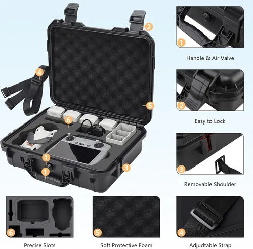Vista 6 de Funda rígida para DJI Mini 4 Pro, funda de transporte impermeable con correa para todos los accesorios DJI Mini 4 Pro Fly More Combo Drone