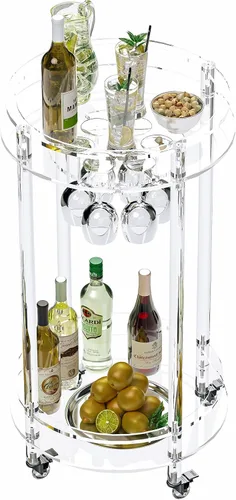 Vista 6 de Dethan Carrito de barra de acrílico – Carrito de servicio transparente de 3 niveles con ruedas bloqueables, moderno carrito de bar transparente