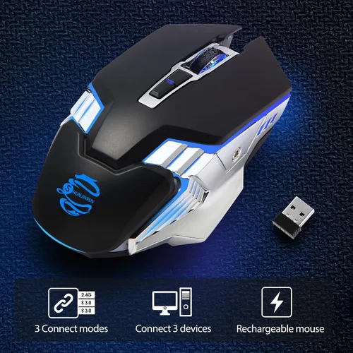 Vista 7 de Mouse Bluetooth, mouse inalámbrico recargable para juegos con teclas silenciosas, multidispositivo (BT 5.0 3.0 + USB), mouse con luz LED RGB, mouse