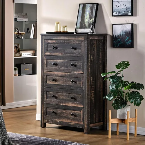 Vista 3 de VanAcc Cómoda de 5 cajones para dormitorio, cómoda de madera de granja de 47 pulgadas de alto para armario, cómoda de textura natural para Roble