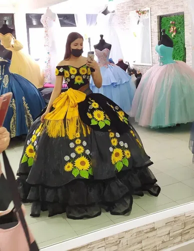 Vista 4 de Vestido de bola de terciopelo negro Vestidos formales de noche de baile amarillo girasol bordado corsé superior fuera del hombro lazo de organza