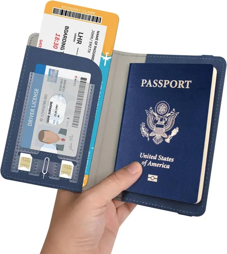 Vista 7 de RSAquar Soporte para pasaporte para mujeres y hombres, de piel sintética de alta calidad, cartera de pasaporte de viaje, con bloqueo RFID, cubierta