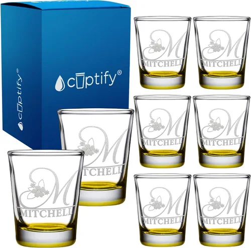 Vista 47 de Vaso de chupito personalizado con nombre de círculo elaborado de 2 onzas, parte inferior negra grabada con texto personalizado para regalos, bodas