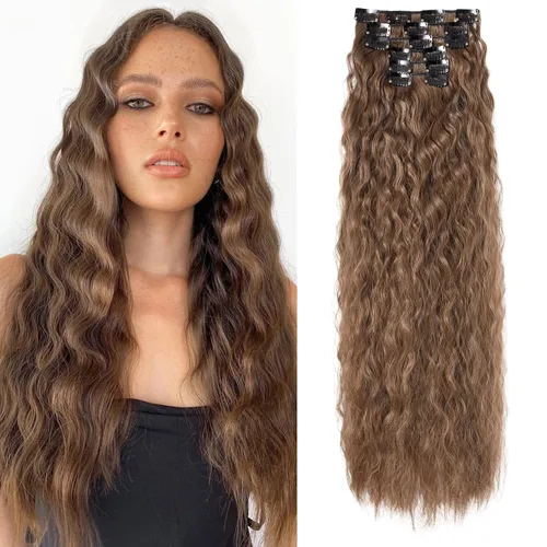 Vista 18 de Flufymooz - Extensiones de cabello con clip, 6 unidades, extensiones de cabello largas con ondas de sirena, sintético, postizo para mujer, 24 Marrón