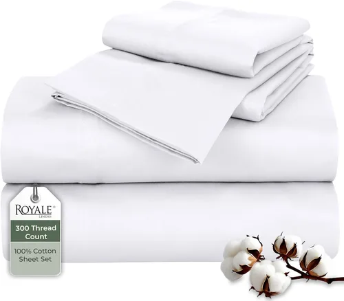 Vista 12 de ROYALE LINENS Juego de sábanas de 300 hilos 100% algodón peinado de fibras largas, 4 piezas, 1 sábana bajera, 1 encimera y 2 fundas de almohada