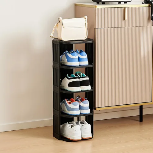 Vista 7 de UFORU - Zapatero pequeño, organizador de zapatos vertical de 5 niveles de plástico para espacios pequeños y estrechos, organizador de zapatos Negro