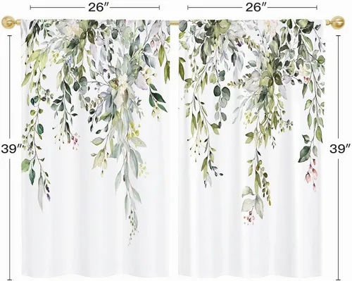 Vista 3 de Gibelle Cortinas de cocina rústicas de eucalipto estilo granja boho florales botánicas de salvia hojas verdes pequeñas y cortas para ventanas