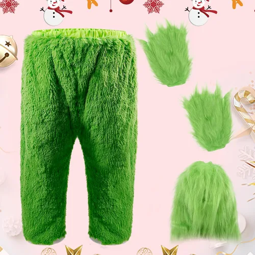 Vista 3 de Saiksi Disfraz de monstruo verde para adulto, disfraz de Papá Noel peludo verde navideño para hombre, 9 piezas divertido traje de Papá Noel