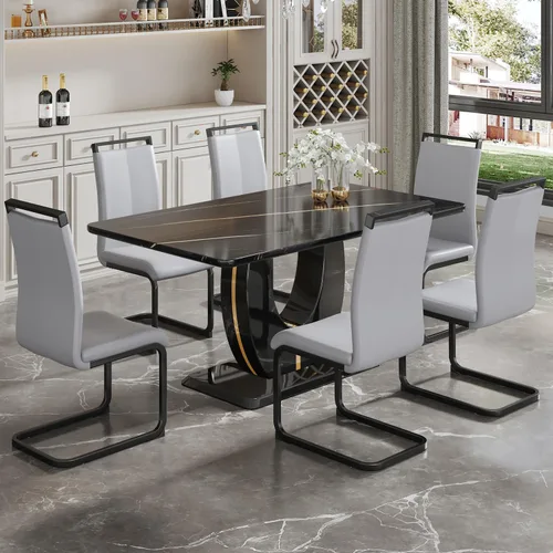 Vista 16 de JUFU Moderno juego de mesa de cocina y comedor, mesa rectangular con parte superior de mármol sintético, 63 pulgadas, color negro, 4 sillas
