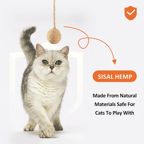 Vista 2 de Pelota de juguete para gatos de 2 pulgadas con cuerda de sisal de 10 pulgadas y campana silenciosa, material de sisal natural para una diversión