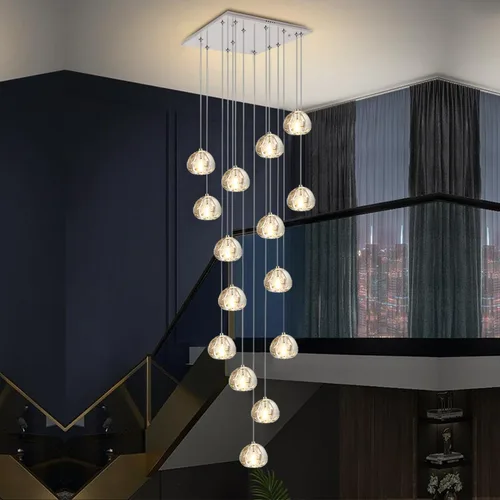 Vista 13 de Candelabro de cristal LED moderno, lámpara colgante de gota de lluvia, lámpara de techo de bola de cristal, 14 luces para escalera, sala de estar