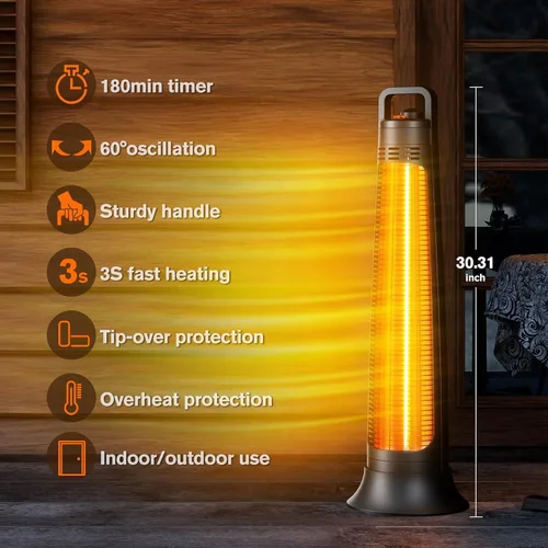 Vista 2 de FLOWBREEZE Calentador de patio al aire libre, 1200 W, calefacción instantánea 3S, calentador infrarrojo portátil con oscilación de 60°, temporizador