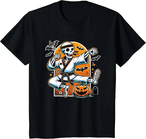 Vista 3 de Camiseta de karate de esqueleto de Halloween Negro