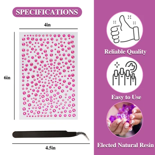 Vista 2 de 3 hojas de gemas de diamantes de imitación autoadhesivos para la cara, maquillaje, uñas, manualidades (rojo rosa)