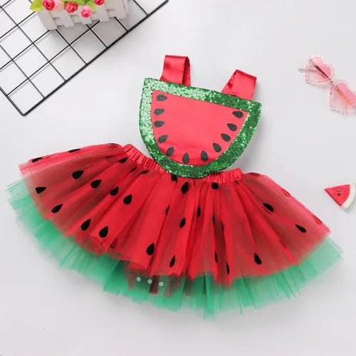 Vista 2 de IBTOM CASTLE Conjunto de traje de bebé para niñas, diseño de ciervo de dibujos animados + diadema con volantes, Sandía