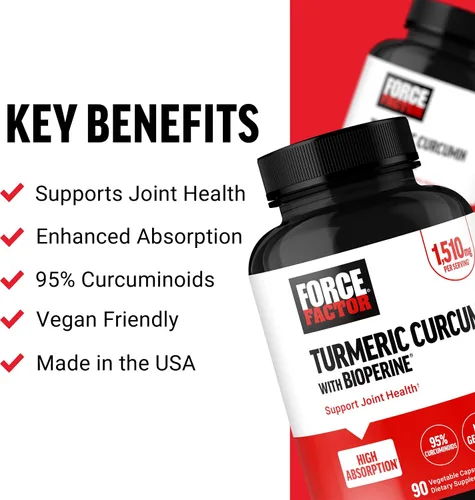 Vista 2 de Force Factor Suplemento de curcumina de cúrcuma con pimienta negra, suplemento de apoyo articular con BioPerine para una mayor absorción, sin