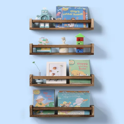 Vista 4 de Juego de 4 estantes flotantes de madera para habitación de niños, estante de libros para guardería, estante de especias de cocina (carbonizado)