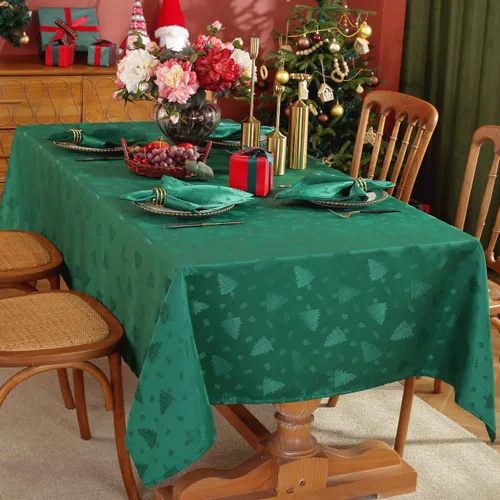 Vista 10 de Honellaty Mantel Verde de Navidad, Tela Jacquard con Patrón de Árbol de Navidad Mantel Rectangular, Mantel de Damasco para Mesas Rectangulares